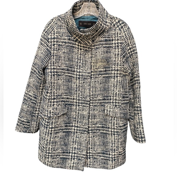 Zara Tweed Mock Neck Coat M Green White Wool Blend Classic Preppy Fall Layer - Picture 1 of 7